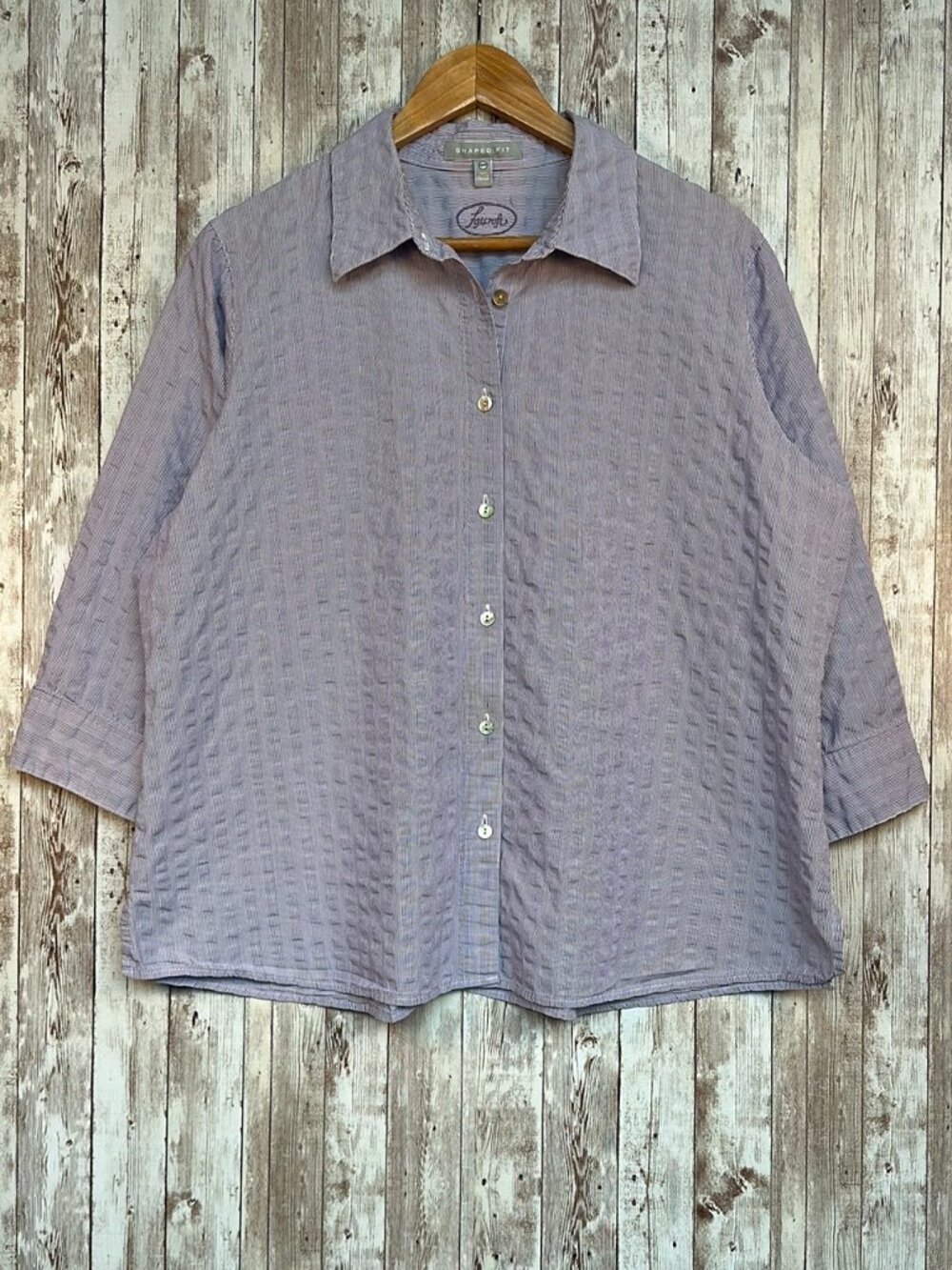 Foxcroft Shaped Fit Button-Up Shirt sz 16 Purple Pinstriped Textured 3/4 Sleeve